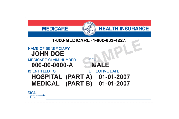 Sample Original Medicare red, white, and blue card showing Part A and Part B effective dates — not expiration dates