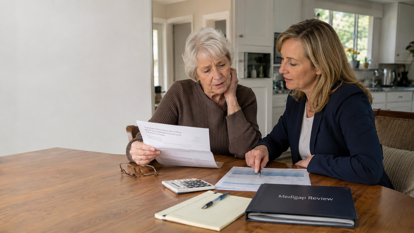 Medicare advisor helping a client review a Medicare Supplement premium increase before changing coverage